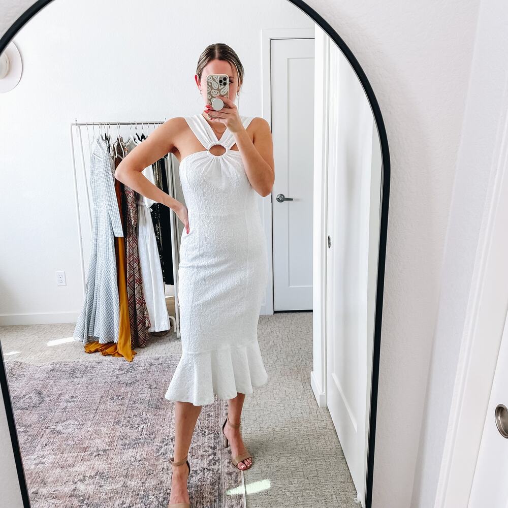 Opening Ceremony Textured White O-Ring‎ Ruffle Hem Midi Dress